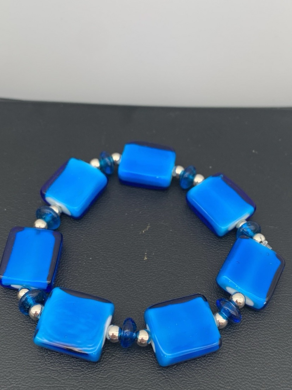 Blue Glass Square Beaded Stretch Bracelet